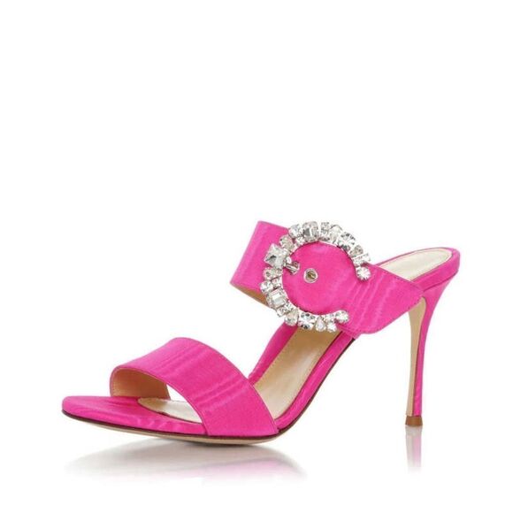 Revolve Marion Parke Lucia Fuchsia Pink Satin Rhinestone Buckle Heeled Sandals - Picture 2 of 10